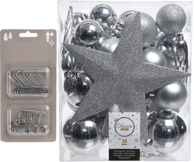 Decoris 33x stuks kunststof kerstballen zilver 5, 6 en 8 cm inclusief ster piek en kerstbalhaakjes - Kerstbal Zilverkleurig