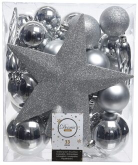 Decoris 33x Zilveren kerstballen met ster piek 5-6-8 cm kunststof mix