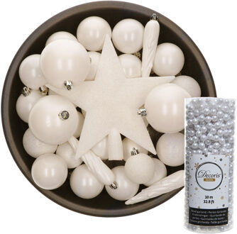 Decoris 34-delige kunststof kerstversiering pakket wol wit