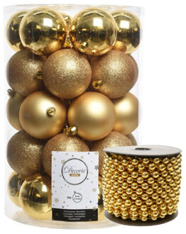Decoris 34x stuks kunststof kerstballen 8 cm inclusief kralenslinger goud