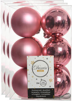 Decoris 36x stuks kunststof kerstballen lippenstift roze 6 cm glans/mat