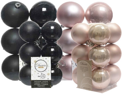 Decoris 36x stuks kunststof kerstballen zwart en lichtroze 6 en 8 cm - Kerstbal Multikleur