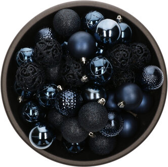 Decoris 37x Donkerblauwe Kunststof Kerstballen 6 Cm - Mix - Onbreekbare Plastic Kerstballen - Kerstboomversiering Donkerblauw