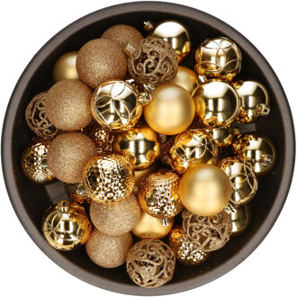 Decoris 37x Gouden Kunststof Kerstballen 6 Cm - Mix - Onbreekbare Plastic Kerstballen - Kerstboomversiering Goud Goudkleurig