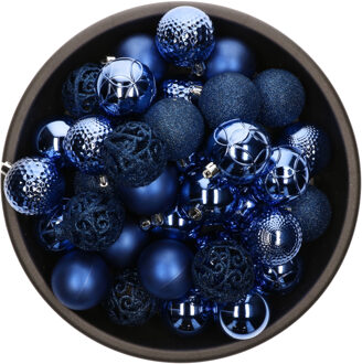 Decoris 37x Kobalt Blauwe Kunststof Kerstballen 6 Cm - Mix - Onbreekbare Plastic Kerstballen - Kerstboomversiering Kobalt Blauw