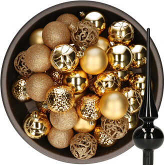 Decoris 37x stuks kunststof kerstballen 6 cm goud incl. glazen piek glans zwart - Kerstbal Goudkleurig