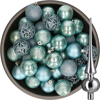 Decoris 37x stuks kunststof kerstballen 6 cm ijsblauw incl. glazen piek glans zilver