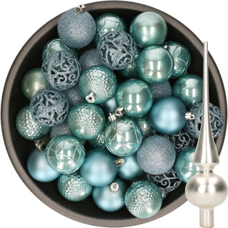 Decoris 37x stuks kunststof kerstballen 6 cm ijsblauw incl. glazen piek mat zilver - Kerstbal