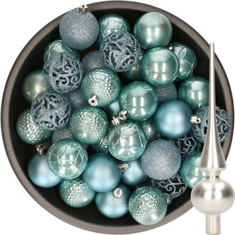 Decoris 37x stuks kunststof kerstballen 6 cm ijsblauw incl. glazen piek mat zilver