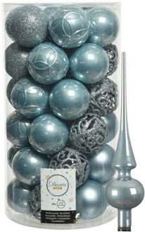 Decoris 37x stuks kunststof kerstballen 6 cm incl. glanzende glazen piek lichtblauw