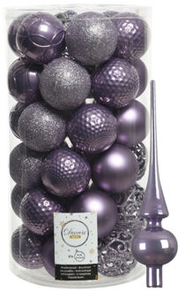 Decoris 37x stuks kunststof kerstballen 6 cm incl. glanzende glazen piek lila paars - Kerstbal