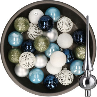 Decoris 37x stuks kunststof kerstballen 6 cm incl. glazen piek blauw-wit-zilver-groen - Kerstbal Zilverkleurig