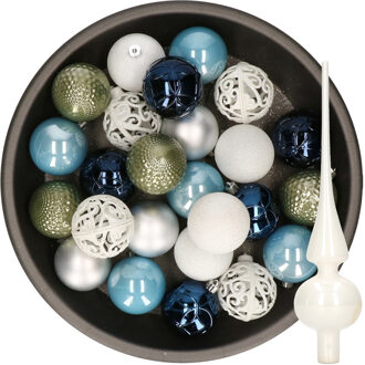 Decoris 37x stuks kunststof kerstballen 6 cm incl. glazen piek blauw-wit-zilver-groen - Kerstbal