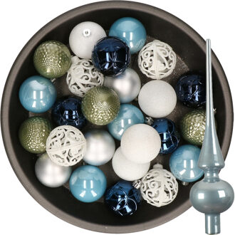 Decoris 37x stuks kunststof kerstballen 6 cm incl. glazen piek blauw-wit-zilver-groen - Kerstbal