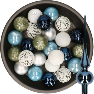 Decoris 37x stuks kunststof kerstballen 6 cm incl. glazen piek blauw-wit-zilver-groen - Kerstbal