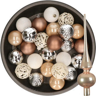 Decoris 37x stuks kunststof kerstballen 6 cm incl. glazen piek bruin-zilver-wit - Kerstbal Champagnekleurig