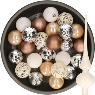 Decoris 37x stuks kunststof kerstballen 6 cm incl. glazen piek bruin-zilver-wit - Kerstbal