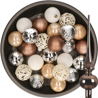 Decoris 37x stuks kunststof kerstballen 6 cm incl. glazen piek bruin-zilver-wit - Kerstbal