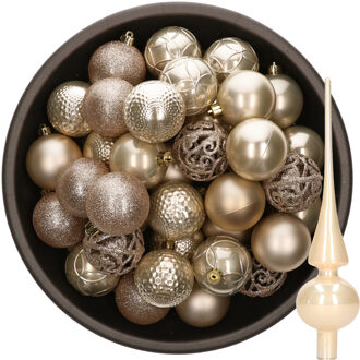 Decoris 37x stuks kunststof kerstballen 6 cm incl. glazen piek champagne - Kerstbal Champagnekleurig