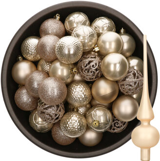 Decoris 37x stuks kunststof kerstballen 6 cm incl. glazen piek champagne - Kerstbal Champagnekleurig