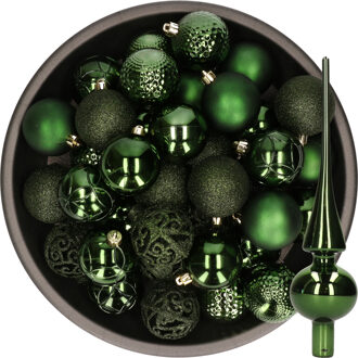 Decoris 37x stuks kunststof kerstballen 6 cm incl. glazen piek glans donkergroen - Kerstbal