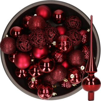 Decoris 37x stuks kunststof kerstballen 6 cm incl. glazen piek glans donkerrood - Kerstbal