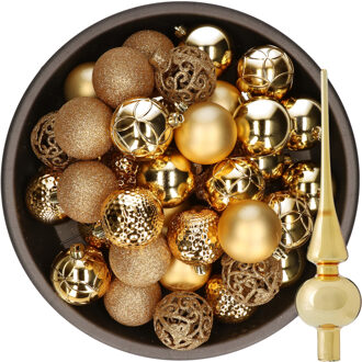 Decoris 37x stuks kunststof kerstballen 6 cm incl. glazen piek glans goud - Kerstbal Goudkleurig