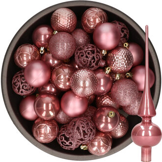 Decoris 37x stuks kunststof kerstballen 6 cm incl. glazen piek glans oudroze - Kerstbal