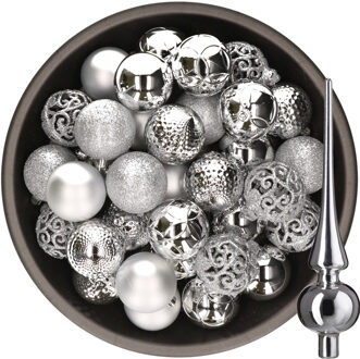 Decoris 37x stuks kunststof kerstballen 6 cm incl. glazen piek glans zilver - Kerstbal Zilverkleurig