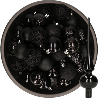 Decoris 37x stuks kunststof kerstballen 6 cm incl. glazen piek glans zwart - Kerstbal