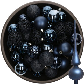 Decoris 37x stuks kunststof kerstballen 6 cm incl. glazen piek mat donkerblauw - Kerstbal