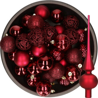 Decoris 37x stuks kunststof kerstballen 6 cm incl. glazen piek mat donkerrood - Kerstbal