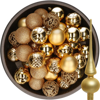 Decoris 37x stuks kunststof kerstballen 6 cm incl. glazen piek mat goud - Kerstbal Goudkleurig