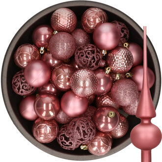 Decoris 37x stuks kunststof kerstballen 6 cm incl. glazen piek mat oudroze - Kerstbal