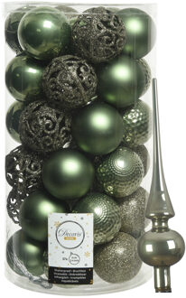 Decoris 37x stuks kunststof kerstballen 6 cm incl. glazen piek mosgroen - Kerstbal