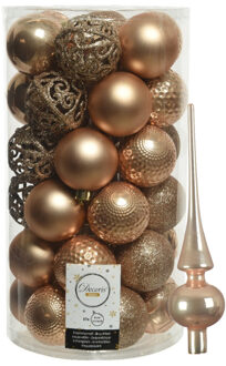 Decoris 37x stuks kunststof kerstballen 6 cm incl. glazen piek toffee bruin