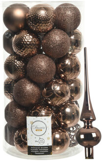 Decoris 37x stuks kunststof kerstballen 6 cm incl. glazen piek walnoot bruin - Kerstbal