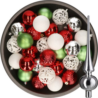 Decoris 37x stuks kunststof kerstballen 6 cm incl. glazen piek wit-rood-zilver-groen - Kerstbal Zilverkleurig