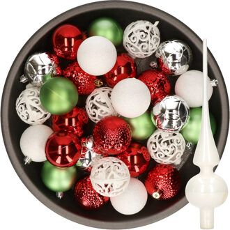 Decoris 37x stuks kunststof kerstballen 6 cm incl. glazen piek wit-rood-zilver-groen - Kerstbal