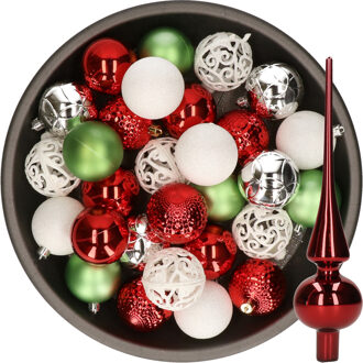 Decoris 37x stuks kunststof kerstballen 6 cm incl. glazen piek wit-rood-zilver-groen - Kerstbal