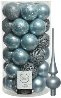 Decoris 37x stuks kunststof kerstballen 6 cm incl. matte glazen piek lichtblauw