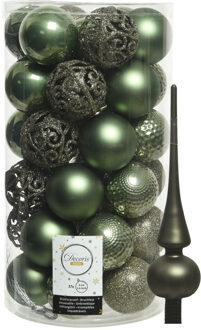 Decoris 37x stuks kunststof kerstballen 6 cm incl. matte glazen piek mosgroen - Kerstbal