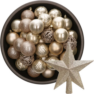 Decoris 37x stuks kunststof kerstballen 6 cm incl. ster piek champagne - Kerstbal Champagnekleurig