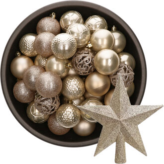 Decoris 37x stuks kunststof kerstballen 6 cm incl. ster piek champagne