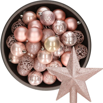 Decoris 37x stuks kunststof kerstballen 6 cm incl. ster piek lichtroze - Kerstbal