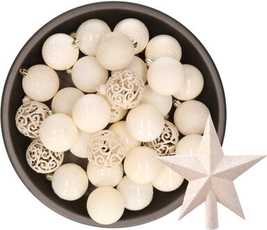 Decoris 37x stuks kunststof kerstballen 6 cm incl. ster piek wol wit - Kerstbal Crème