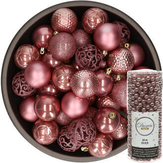 Decoris 37x stuks kunststof kerstballen 6 cm inclusief kralenslinger oudroze - Kerstbal