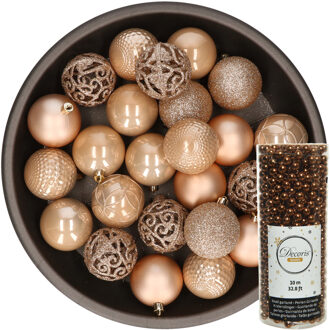 Decoris 37x stuks kunststof kerstballen 6 cm inclusief kralenslinger toffee bruin - Kerstbal