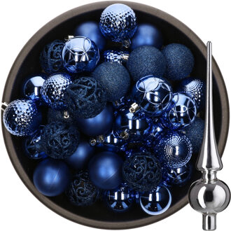 Decoris 37x stuks kunststof kerstballen 6 cm kobalt blauw incl. glazen piek glans zilver
