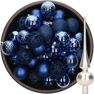 Decoris 37x stuks kunststof kerstballen 6 cm kobalt blauw incl. glazen piek mat zilver - Kerstbal